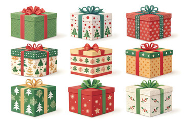 Nine Christmas gift boxes in various festive patterns and colors with ribbons and bows