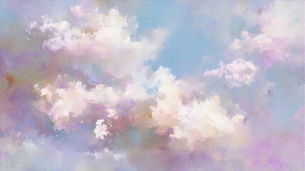 A dreamy cloudscape with wispy formations against a pastel blue and pink sky