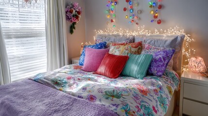 Warm winter retreat in dopamine style, featuring vibrant decor, whimsical accessories, and a joyful festive mood.