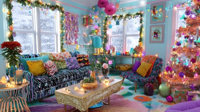 dopamine Christmas living room, maximalist style, bright color palette, eclectic holiday decorations, cheerful winter atmosphere, cozy seating area, festive garlands and lights, joyful seasonal setup