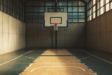 Basketball court with a hoop and wooden floor in an indoor gym during the day