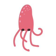 Cute squid. Hand drawn marine animal. Underwater wildlife for kids design, games, educational projects. Vector illustration isolated on white background.