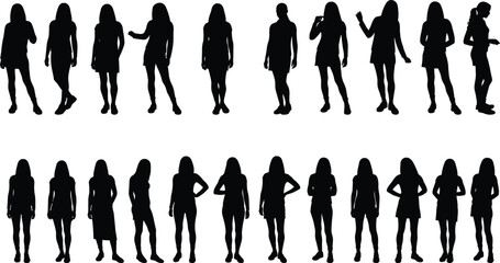 Human silhouettes, walking and gesturing poses, black figure icons, body movement design, vector people set, posture and gesture collection