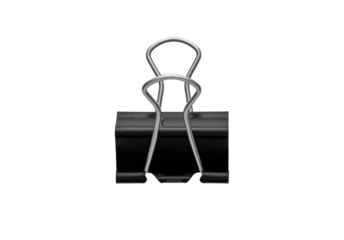 A classic black binder clip with sleek silver handle, isolated on a white background. Ideal for office organization or creative projects, offering durability and simplicity.