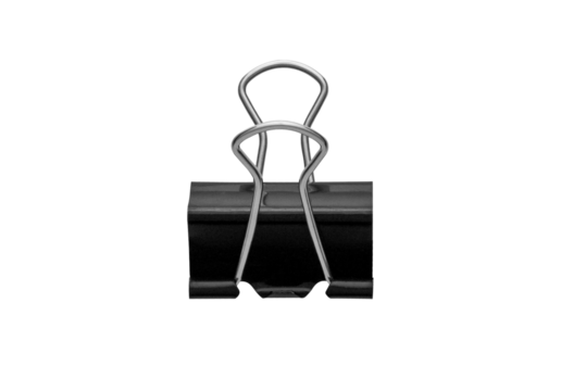 A classic black binder clip with sleek silver handle, isolated on a white background. Ideal for office organization or creative projects, offering durability and simplicity.