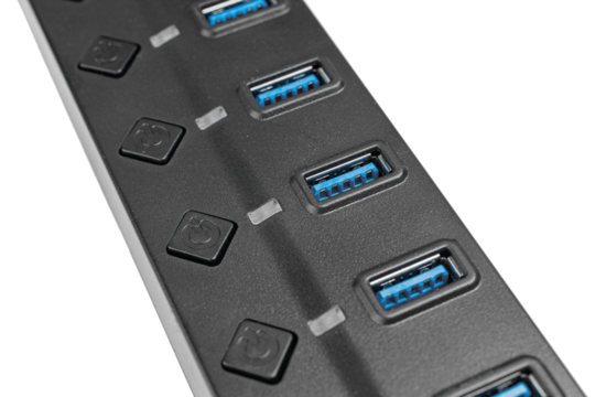 A USB 3.0 7-port hub with power buttons on a white background is ideal for device repairs. Its durable build ensures reliable maintenance.