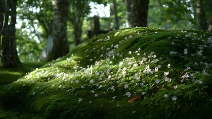 Fototapeta premium Mossy knoll blanketed with small white flowers.