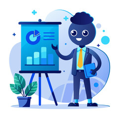 Cartoon vector illustration of a robot worker in an office using a computer to complete a successful business job