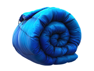 Camping essentials blue sleeping bag in outdoor setting adventure