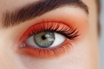 Obraz premium Close-up of a female eye with vibrant orange eyeshadow, long lashes, and a striking green iris, showcasing beauty and makeup artistry in a captivating manner