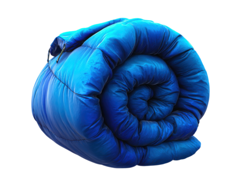 Camping essentials blue sleeping bag in outdoor setting adventure