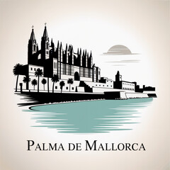 Naklejka premium Palma de Mallorca Skyline Silhouette — A Historic Gothic Seaside City in the Balearic Islands Vector Illustration