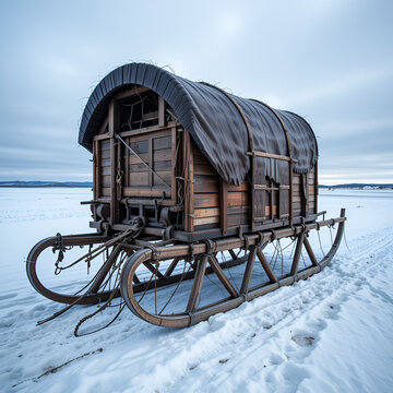 Side view of a traditional Inuit cargo sled or Komatik in the Arviat style in the Kivalliq region, Nunavut Canada