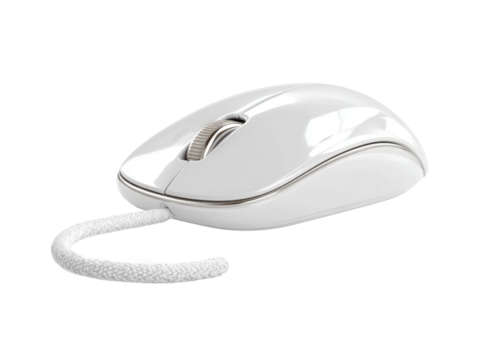 User interaction with white computer mouse in modern office setting