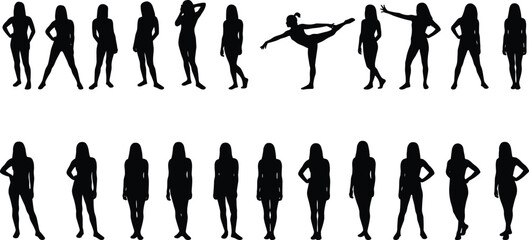 Human silhouettes, ballet and standing poses, black figure icons, body posture design, vector people set, artistic movement collection