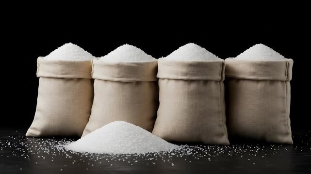 Burlap sacks overflowing with white sugar isolated on dark background