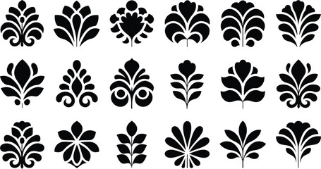 Ornamental Floral Motif Silhouette Vector Icons Set