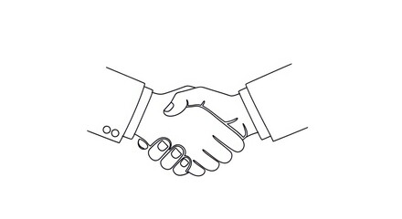 A simple line drawing of two hands shaking in agreement with sleeves and cuffs visible on white