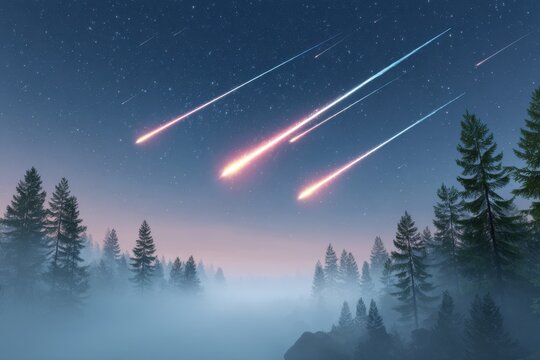 Colorful meteor shower falling on a misty forest at night