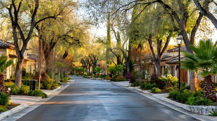 Residential street lined with trees and homes.
