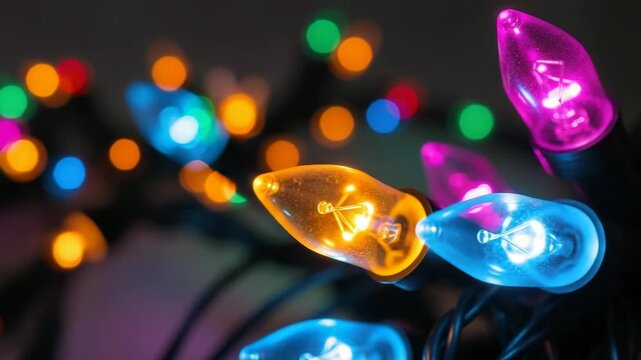 A closeup view of colorful christmas lights with a festive bokeh background