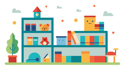 Fototapeta premium Flat Vector Childrens Playroom with Toys and Books for Learning Fun