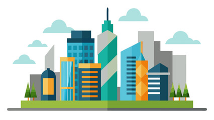 Obraz premium Flat Vector Business District Glass Towers City Urban Architecture Graphic