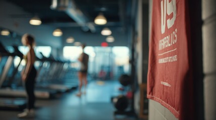 Medium shot featuring a prominently displayed university athletics banner naming an official training partner with background details of a fitness studio fading softly out of