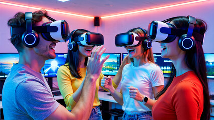 Friends having fun with vr headsets. Exploring virtual reality together in a neon setting