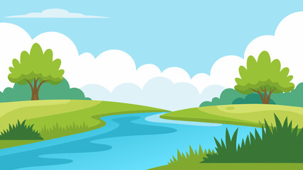 Obraz premium Flat Vector Serene Riverbank Background Nature Graphic Illustration Design