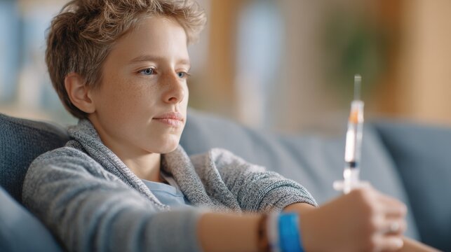 Young patient stabilizing arm for biologic injection medium shot emphasizing concentration and syringe detail softly blurred home interior around.
