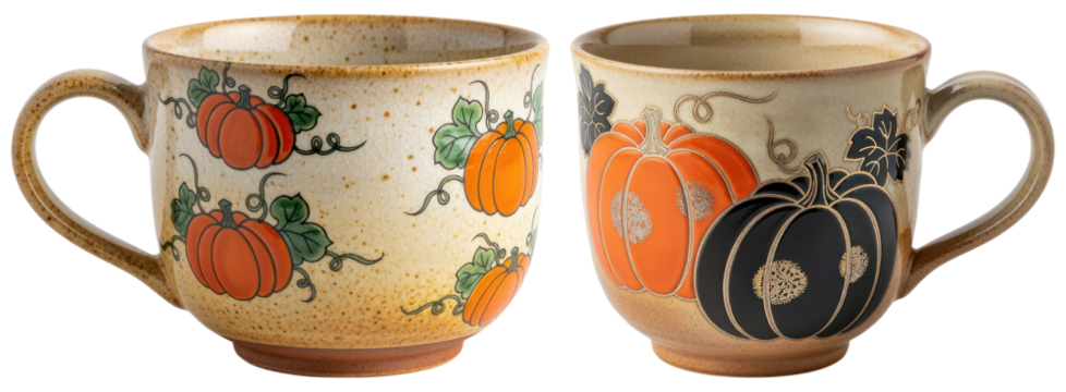 Decorative fall-themed ceramic mugs with pumpkin motifs in vibrant colors