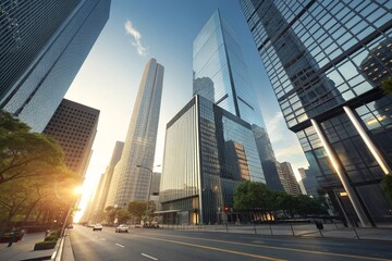 Modern Cityscape: Sunlit Urban Street with Sleek Glass Skyscrapers at Sunset.