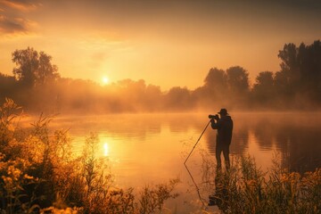 Capturing the sunrise reflection over a peaceful lake in early morning mist