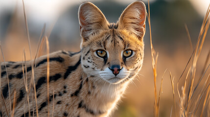 Obraz premium Serval cat portrait in tall golden grass at sunset, African wildlife close-up