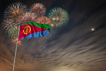Waving National flag of Eritrea and holiday fireworks