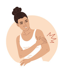 Vector illustration of a woman with shoulder pain from rotator cuff injury or muscle strain. Isolated medical concept for joint and muscle problems