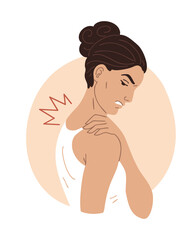 Vector illustration of a woman with trapezius muscle pain from tension, strain, or poor posture. Isolated medical concept for neck and shoulder discomfort