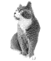 Vector illustration of cute cat with halftone effect. Illustration for design and decoration with trendy texture. The cat sits and looks up.