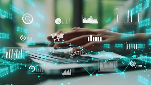 A conceptual image illustrating business analytics and data visualization with digital graphs and charts floating above a laptop keyboard in a modern office setting. Xenic