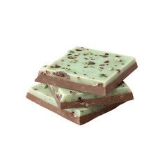 Stack of three square mint chocolate pieces with chocolate chips