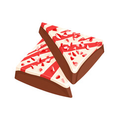 Two triangular slices of peppermint bark chocolate with stripes