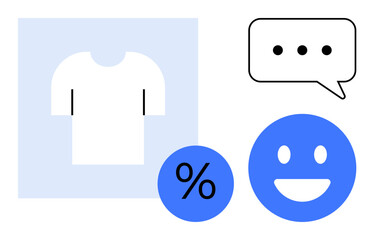 T-shirt icon with percentage sign, chat bubble, and happy face. Ideal for e-commerce, discount campaigns, retail, fashion sales, customer feedback, online reviews and simple landing page