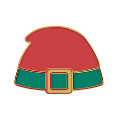 Red elf hat with green band and gold buckle, rounded shape, 3D render &mdash; white isolated background