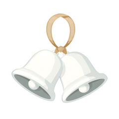 Pair of white jingle bells with tan loop, glossy finish &mdash; white isolated background