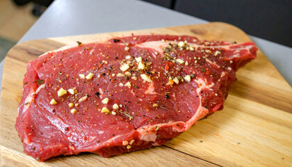 Obraz premium Raw marinated beef steak. Garlic and pepper marinade. Tasty food. Fresh meat for grilling. Culinary