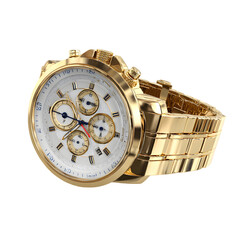 Elegant gold chronograph wristwatch with white dial and multiple subdials isolated on transparent background