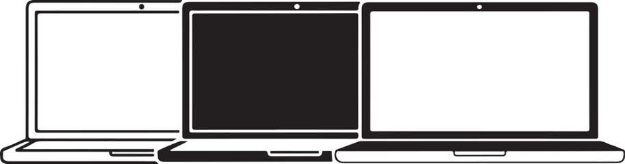Three Black And White Icons Of Laptops In A Row computer technology