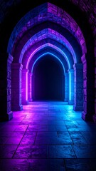Naklejka premium Dark arched passageway with neon light