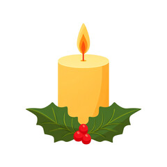 Yellow wax candle on holly leaves, cartoon style &mdash; white isolated background